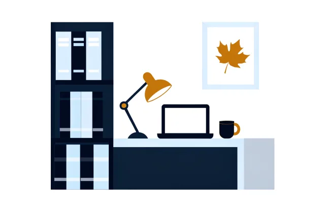 Home office with a laptop, desk lamp, shelves of binders and a framed maple leaf.