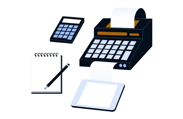 Pocket calculator, adding machine with paper roll, tablet and notepad with a pencil.