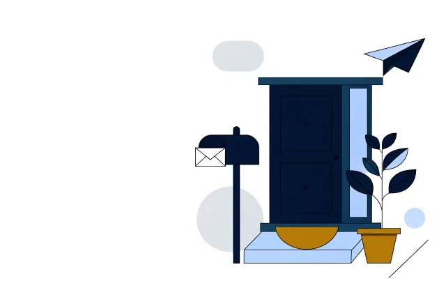 Front door with a mailbox holding an envelope, a potted plant and a paper airplane in flight.