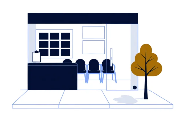 Glass storefront service centre with empty waiting chairs, a clipboard on the counter and a maple tree.