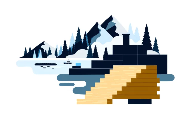 Coastal British Columbia sawmill with lumber stacks, floating logs and misty evergreen mountains.