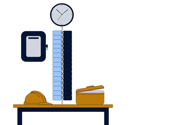 Wall-mounted time clock with a rack of time cards, a wall clock, a hard hat and a lunch box.