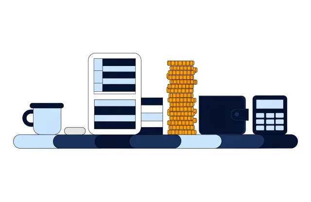 Pay stub, stack of coins, wallet, calculator and mug lined up on a kitchen table.