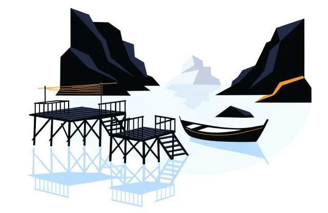 Newfoundland outport with fishing stages on stilts, a dory, rocky cliffs and an iceberg.