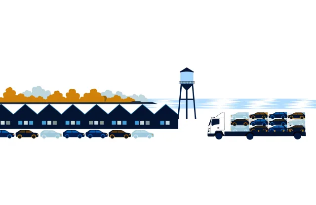 Ontario auto assembly plant with rows of new cars, a loaded car carrier and a water tower by a lake.