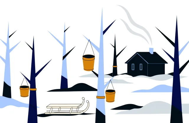 Quebec sugar shack in a maple forest with steaming roof vent, sap buckets and a wooden sled.