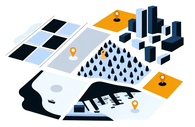 Aerial patchwork of farm fields, forest, city buildings and a harbour with location pins.