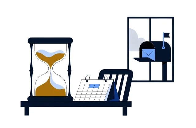 Hourglass and desk calendar beside a window showing a mailbox with its flag raised.