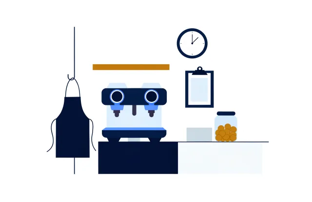 Cafe counter with an espresso machine, an apron on a hook, a wall clock and a coin jar.