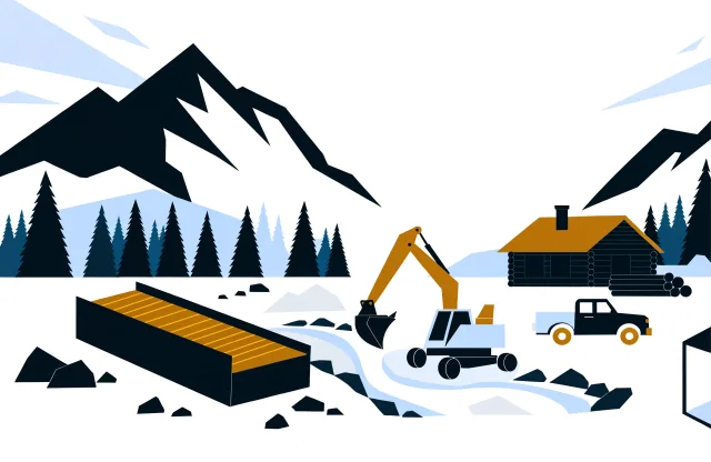 Yukon placer gold camp with a sluice box, excavator, log cabin and pickup truck below mountains.