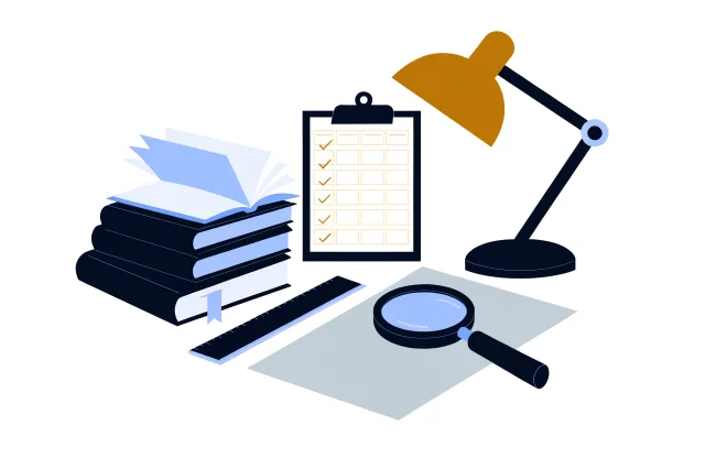 Stack of law books, magnifying glass, clipboard checklist and desk lamp on a research desk.