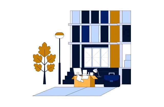 Office entrance with a cardboard box and briefcase on the steps beside a maple tree.