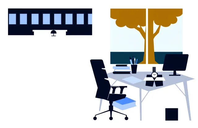Long-service office with framed certificates, a desk and chair, a wristwatch in a gift box and a mature tree.