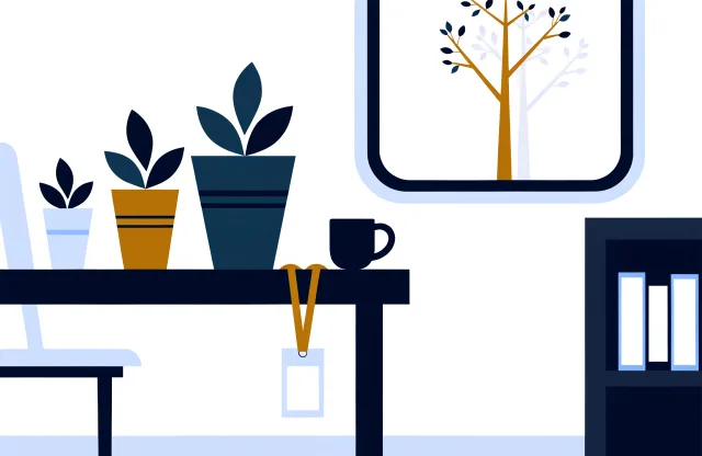 Desk with three potted plants of growing size, a mug and an ID badge, and a young tree outside.