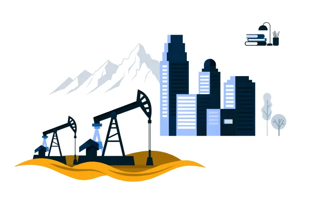 Oil pumpjacks on the prairie with Calgary office towers and the Rocky Mountains behind.