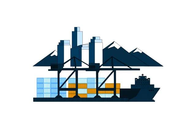 Vancouver harbour with container cranes, a cargo ship and snow-capped mountains.