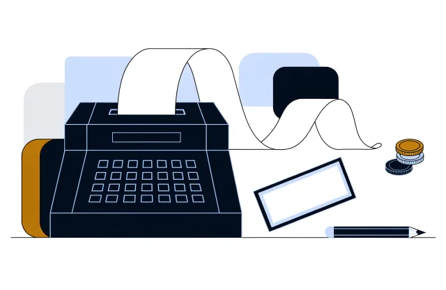 Adding machine with a long blank paper tape, a blank cheque, stacked coins and a pencil.