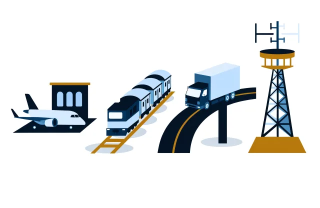 Airliner, freight train, transport truck and telecommunications tower side by side.