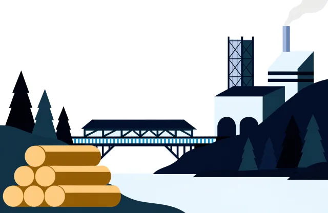 Pulp mill beside a river with stacked logs, a covered bridge and spruce hills in New Brunswick.