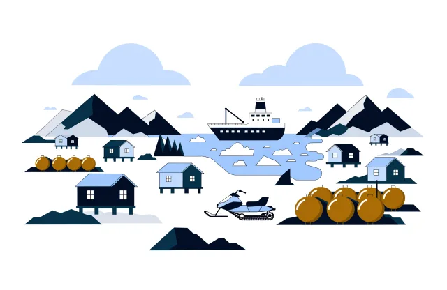Arctic community in Nunavut with houses on stilts, a sealift ship in an icy bay and a snowmobile.