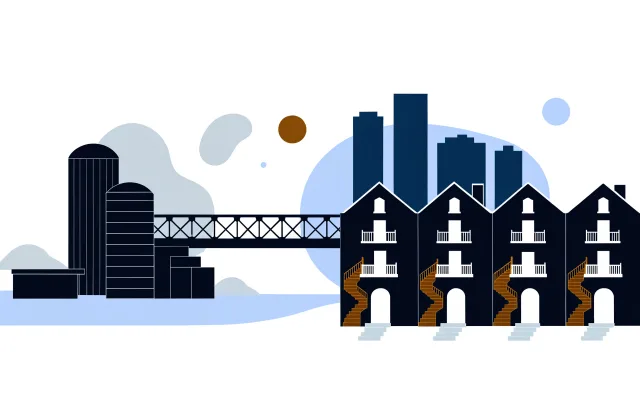 Montreal silos, a steel truss bridge, downtown towers and triplexes with spiral staircases.