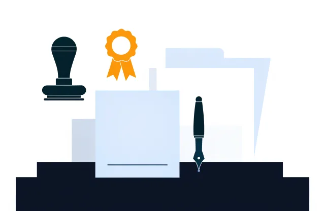 Blank document with a signature line, a fountain pen, a rubber stamp, a ribbon seal and a folder.